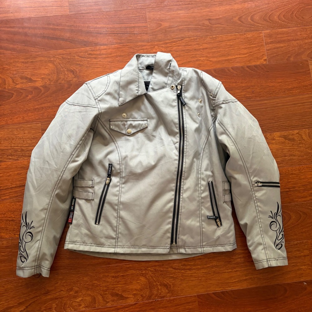Vulcan Womens XL Grey Textile Motorcycle Jacket Tribal Embroidery Y2K Moto Biker